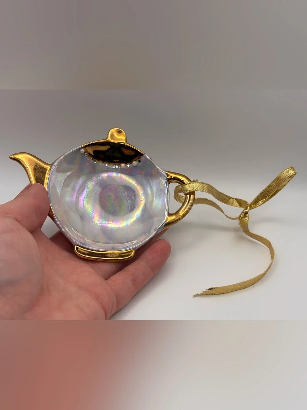 Vintage Lusterware Teabag Rest Ornament Iridescent and Gold Teapot Hanging Decor